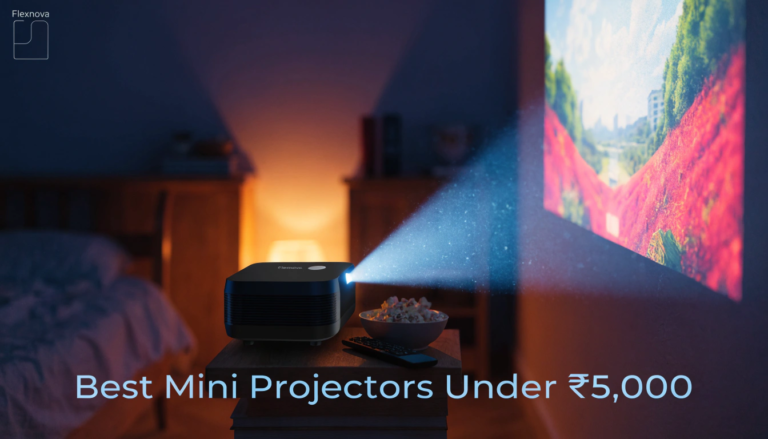 Best mini projector under 5000 in India 2026 projecting movie on bedroom wall — Flexnova portable projector guide