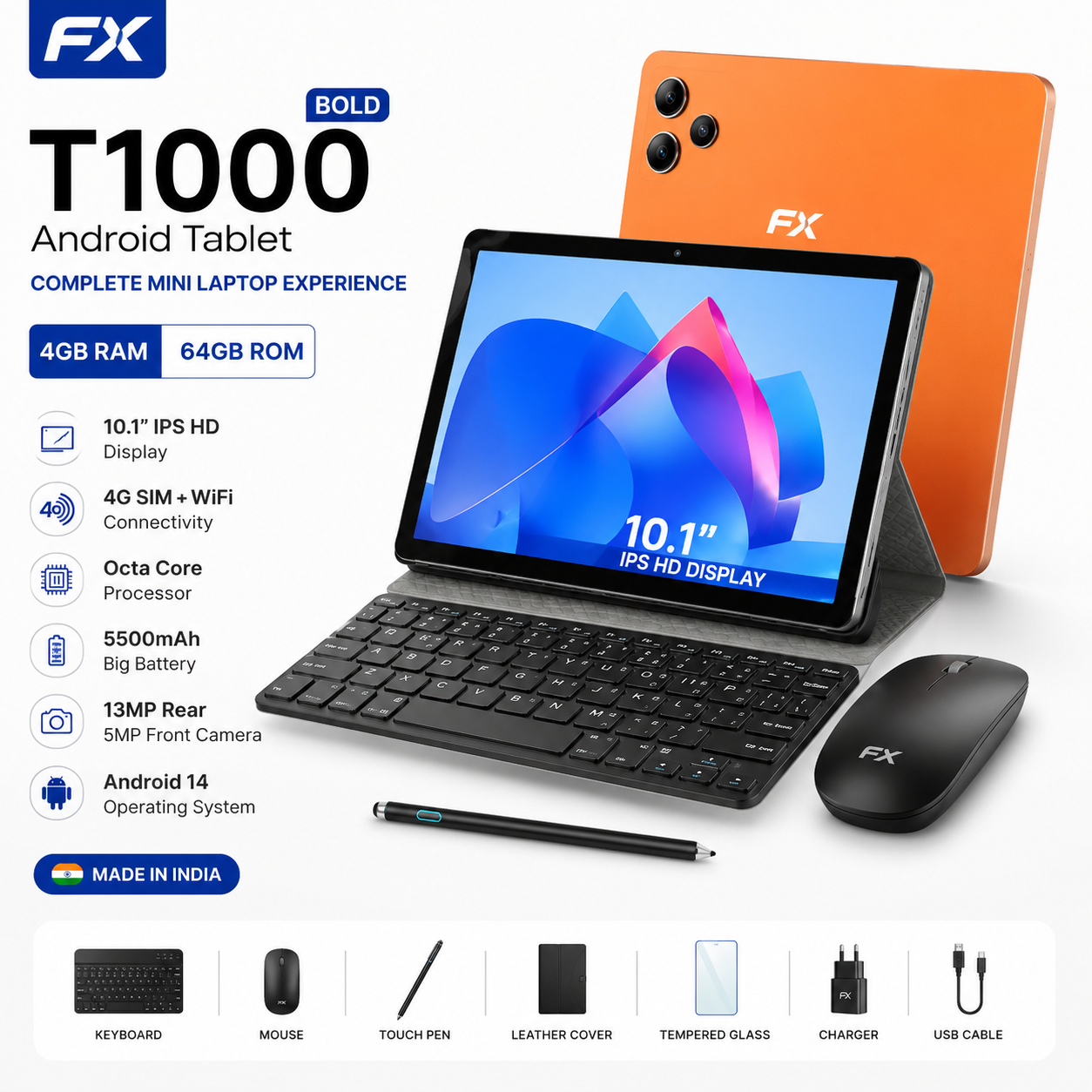 FX T1000 Android Tablet 10.1 Inch 4GB RAM 64GB with Keyboard